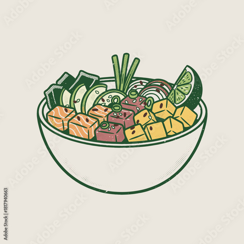 Retro Poke Bowl Art.Hawaiian Food Vector.Vintage Halftone Dish.Seafood Bowl Graphic.Healthy Asia Dinner