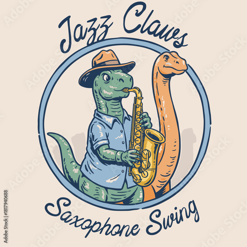 Dinosaur Saxophone Swing Logo.Retro Jazz Claws T Rex.Vintage Dino Musician Emblem.Cartoon Dinosaur Band Mascot.Music Reptile Illustration