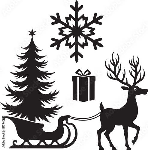 Black silhouette Christmas tree reindeer sleigh gift snowflake