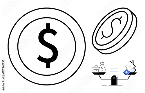 Financial balance concept. Large dollar icons with a scale depict money, savings, and home ownership balance. Financial planning, budget allocation, savings strategy. For investment, banking