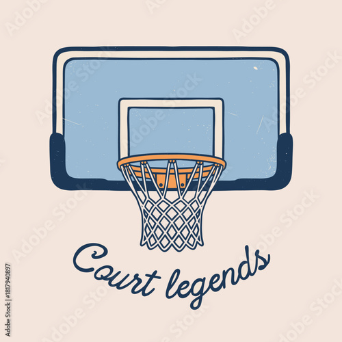 Retro Basketball Hoop Badge.Vintage Court Legends Emblem.Distressed Ball Game Graphic.Classic Sportswear Print Art.Old School Basket Ring Vector