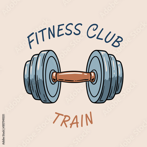 Vintage Fitness Club Emblem.Dumbbell Gym Workout Label.Hand Drawn Training Design.Retro Weightlifting Vector.Sport Training Poster Art