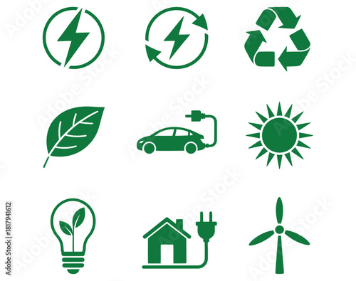 Embrace Green Energy Solutions with this Eco-Friendly Icon Set Featuring Electric Car, Solar Power, Wind Turbine, and Recycling for a Sustainable Future