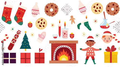 Festive Christmas cheer with stockings, gingerbread, cookies, gifts, a tree, and joyful children, perfect for holiday greetings and family celebrations