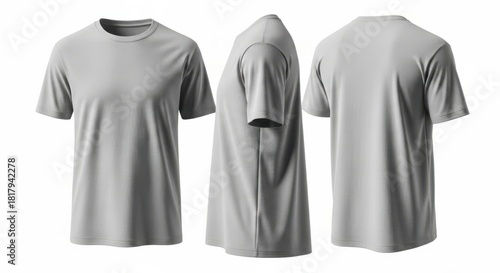 Three views of a plain grey t shirt displayed from front side and back isolated on white background