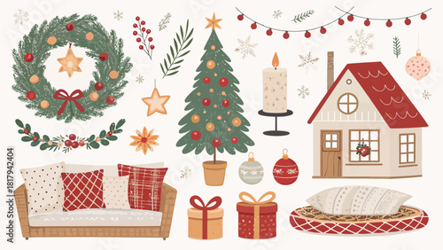Joyful holiday spirit radiates from cozy Christmas decorations, wreaths, gifts, tree, and festive cheer, perfect for seasonal greetings and designs