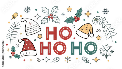Whimsical holiday cheer with festive hats, snowflakes, holly, and 'Ho Ho Ho' lettering, perfect for Christmas cards, invitations, and seasonal designs
