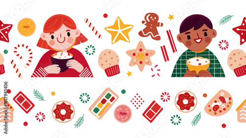 Festive holiday cheer with gingerbread cookies, hot cocoa, and smiling kids, perfect for seasonal greetings and joyful celebrations this winter season