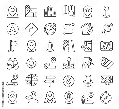 Set of collection line icons related Navigation. Editable stroke. Perfect pixel on transparent background