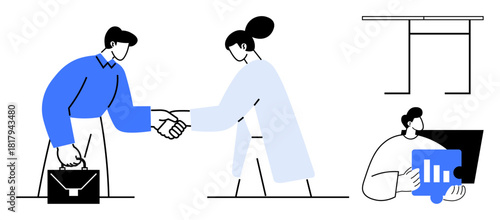 Two professionals handshake, symbolizing partnership and teamwork. Nearby, a modern desk and a figure examining analytics on a screen. Ideal for collaboration, teamwork, business deals, data
