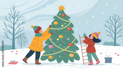Cheerful children decorating Christmas tree with ornaments, adding festive joy to winter wonderland, creating precious holiday memories full of love