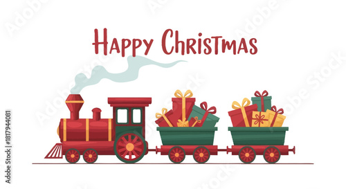 Happy Christmas illustration featuring a vintage toy train carrying gift boxes