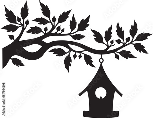 Black silhouette of a birdhouse hanging from a tree bran