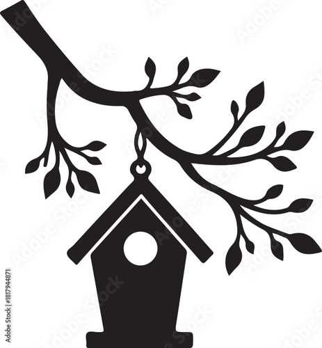 Black silhouette of a birdhouse hanging from a tree branch