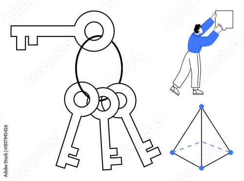 Keys concept. Keys abstractly access and solutions. Includes geometric shapes, a human figure arranging objects, and a focus on creativity. Ideal for design, security, problem-solving, education