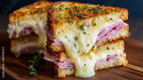 Delicious croque monsieur sandwich with layers of ham and melted cheese, golden brown toasted bread, garnished with fresh herbs, savory french gourmet snack perfect for breakfast or brunch