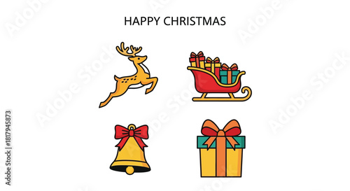 Four Christmas icons including a reindeer, gift-filled sleigh, bell, and present box