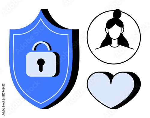 Blue shield with padlock, woman profile icon, and heart symbol conveying data protection, identity security, user trust, digital safety, privacy, emotional connection, and reliable technology in