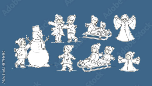 Winter Fun Children Enjoying Snow, Sledding, and Building Snowmen in a Festive Illustration
