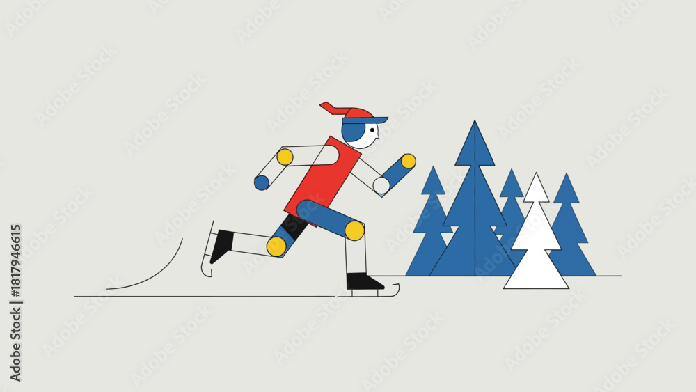Obraz premium Robot ice skating through a winter forest with stylized trees
