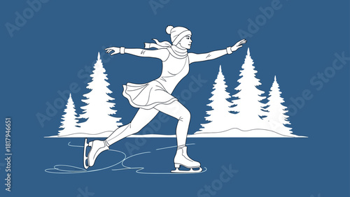 A graceful woman figure skating on a frozen pond in a snowy winter forest landscape vector art