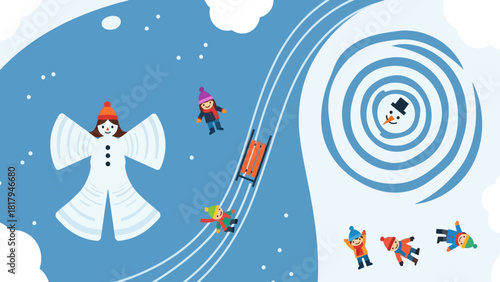 Winter Fun Children Enjoying Snow Activities Like Sledding and Snow Angels