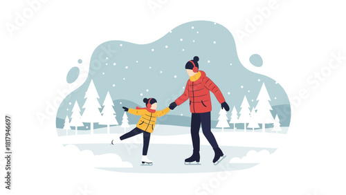 Winter Fun Mother Teaching Child Ice Skating on Snowy Day amidst Snow-covered Pines