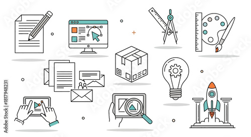 icon, idea, graphic, creative, design, line, tool, drawing, project, bulb, illustration, vector, digital,