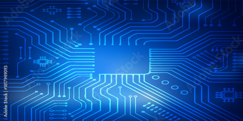 Blue Circuit Board Pattern With Traces And Microchips, Tech Background For Digital Concepts