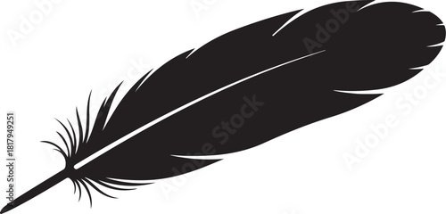 Black silhouette of a bird feather or quill pen isolated
