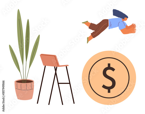 Person leaping enthusiastically toward a large dollar coin, accompanied by a minimalist chair and potted plant. Ideal for financial success, ambition, investment, goal-setting, career growth