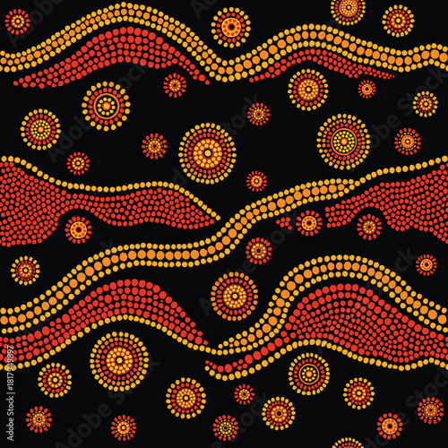 Australian aboriginal indigenous abstract seamless vector pattern with red, orange and yellow dotted circles, curved lines and tribal elements on black background