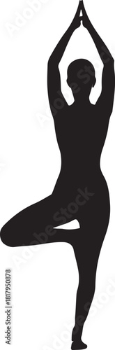 Black silhouette of person in yoga tree pose for wellness