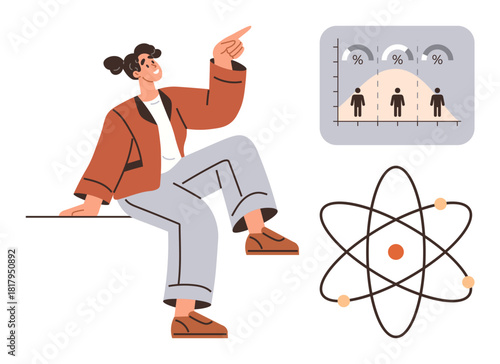 Woman sitting casually and pointing, bell curve chart with percentages and individuals, atom model symbolizing science. Ideal for education, analytics, data, learning, innovation, research
