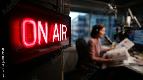 News anchor in radio booth with headline papers and red ON AIR sign, media broadcast concept