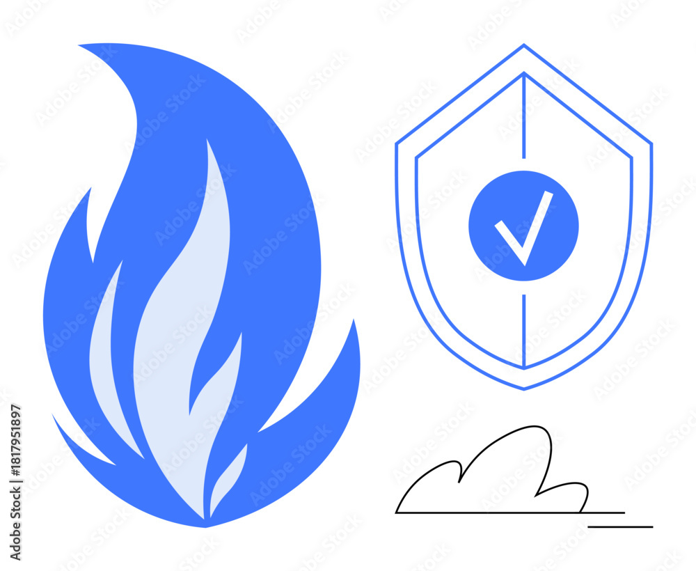 Fotografie Blue flame alongside shield with tick for protection, representing safety, reliability, and security
