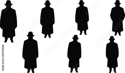 Black silhouette figures, long coats, hats, standing poses, uniform style, mystery theme, minimal design, character icons, anonymity concept, visual identity