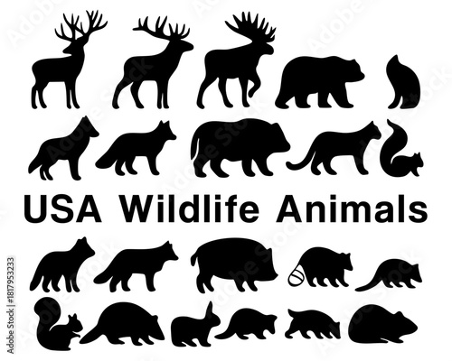 North American wildlife silhouettes, diverse animals vector set.
