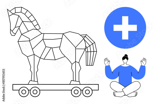 Geometric Trojan horse on wheels, person meditating in lotus position, and a healthcare cross. Ideal for security, mental health, wellness, mindfulness, healthcare strategy calm. Simple flat