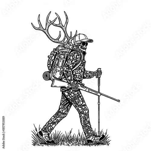 Skeleton trekking hunter with full gear carrying rifle and large buck antlers.