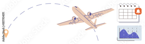 Airplane flying on a curved path, map pin, calendar with a notification, and a graph representing data analytics. Ideal for travel, scheduling, planning, analytics, logistics time management simple