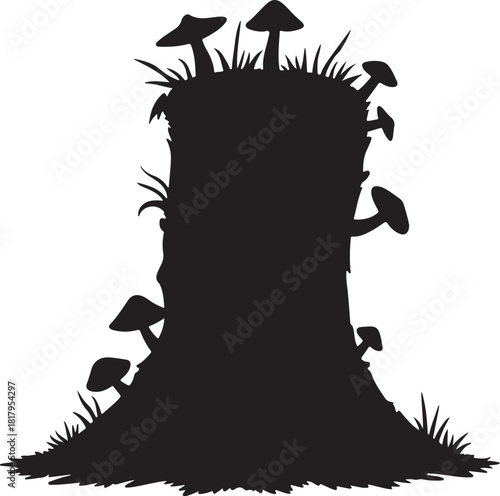 Black silhouette of a tree stump with mushrooms and grass