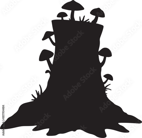 Black silhouette of a tree stump with mushrooms and grass
