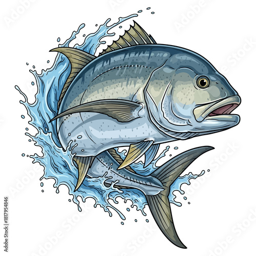 Giant Trevally GT fish jumping out of the ocean water splash vector illustration