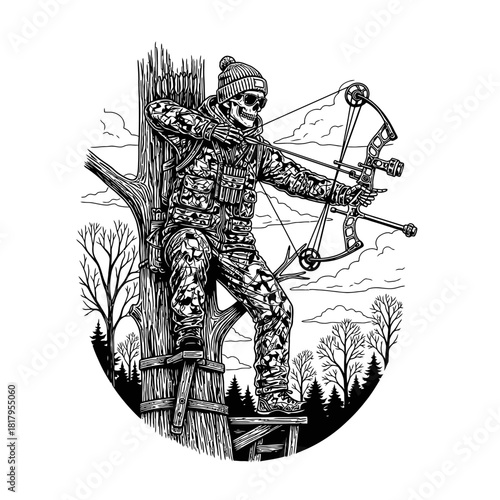 keleton hunter in camouflage gear on a tree stand aiming a compound bow