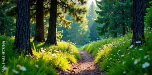 Narrow trail meanders amidst lush pine boughs , wild, shadow, green