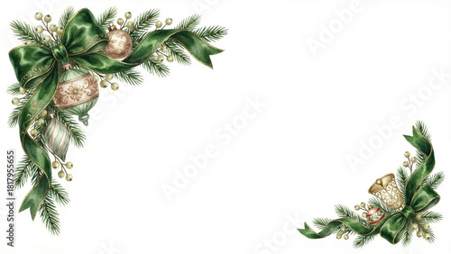 ベルベットのリボンのビンテージ風クリスマス飾りのフレーム　水彩画風