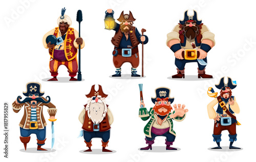 Cartoon pirate and corsair characters of vector captain, sailor, skipper and gunner personages in buccaneer costumes. Angry pirate men characters with black hats, beards, swords and wood leg