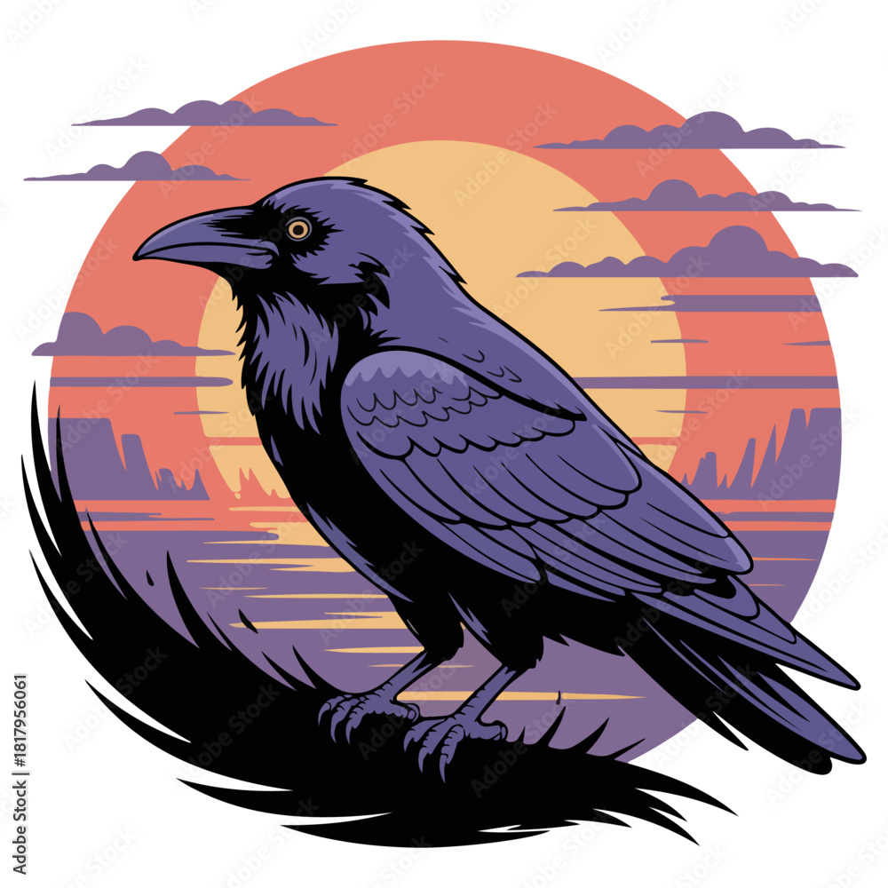 Obraz premium A perched crow with an enchanting view of the sunset