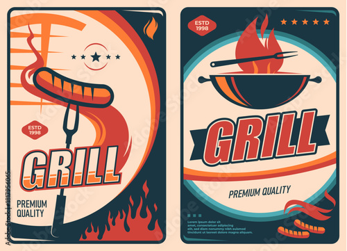 Retro grill bbq poster. Barbeque picnic invite with grilled sausage on a metal fork above red fire flames, burning coals, fire sparks, stars. Vector barbecue banner for food festival, restaurant menu